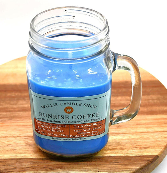 Sunrise Coffee candle in blue wax and glass candle option at Willis Candle Shop.