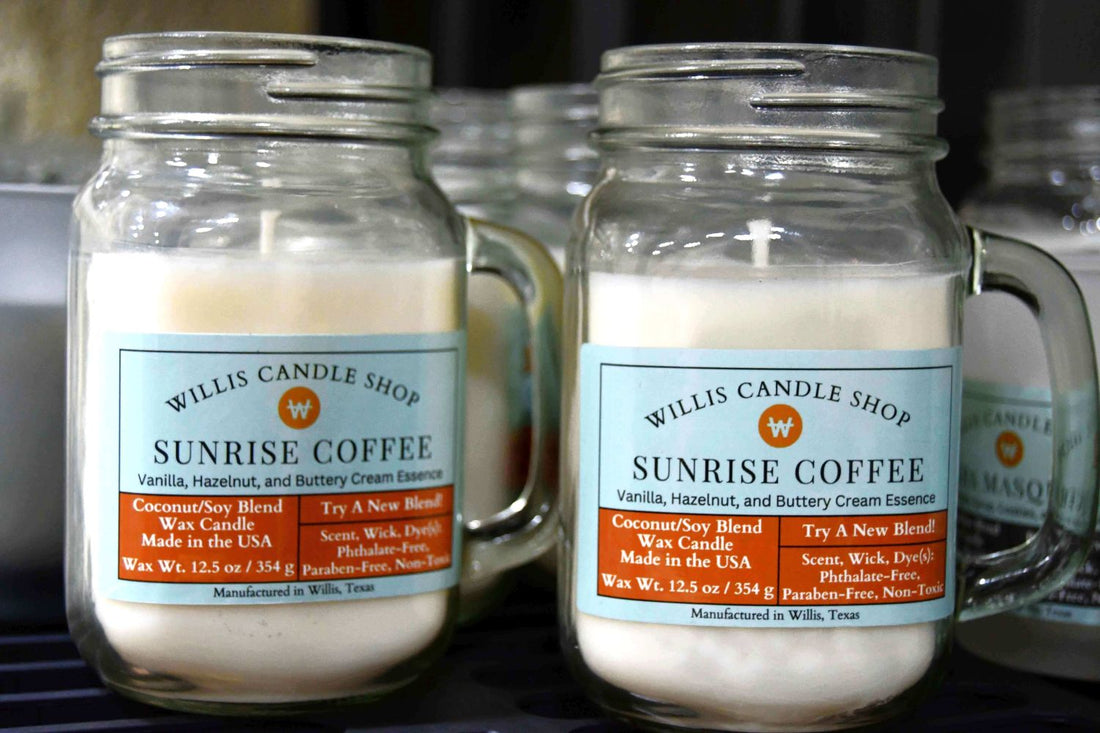 Sunrise Coffee candles on shelf at Willis Candle Shop.