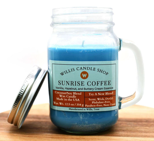 Sunrise Coffee candle with blue wax candle option and mug jar design.