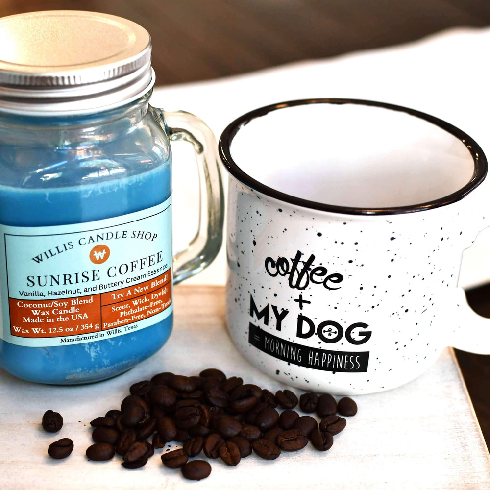 Coffee Candle with dog coffee mug and scented candle coffee beans.