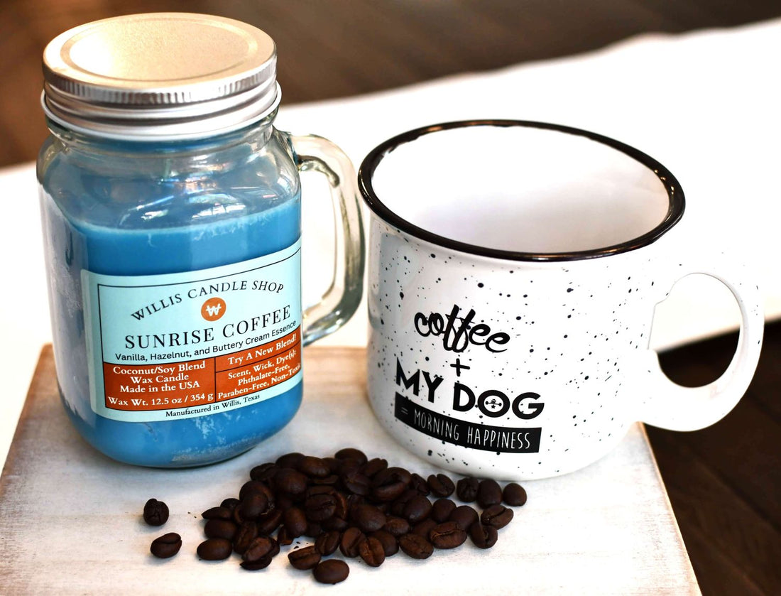 Sunrise Coffee candle with silver screw-on lid and mug and coffee beans.