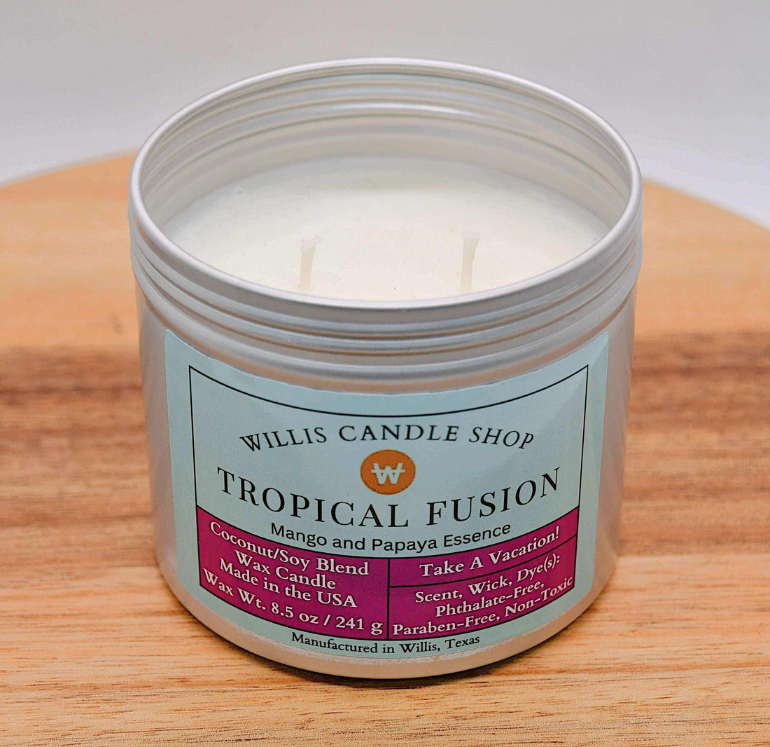 Silver tin candle with double wick candle option and Tropical Fusion scent.