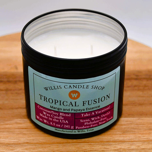 black tin candle with Tropical Fusion fragrance and double wick candle option.