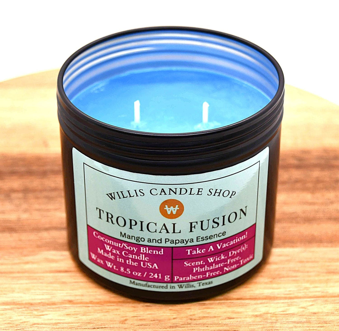 Black tin candle with double wick candle option and Tropical Fusion scent.
