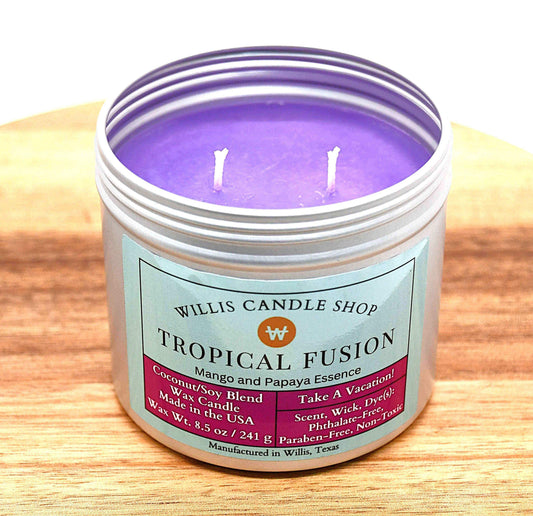 Double wick candle with violet wax in a silver tin candle option.