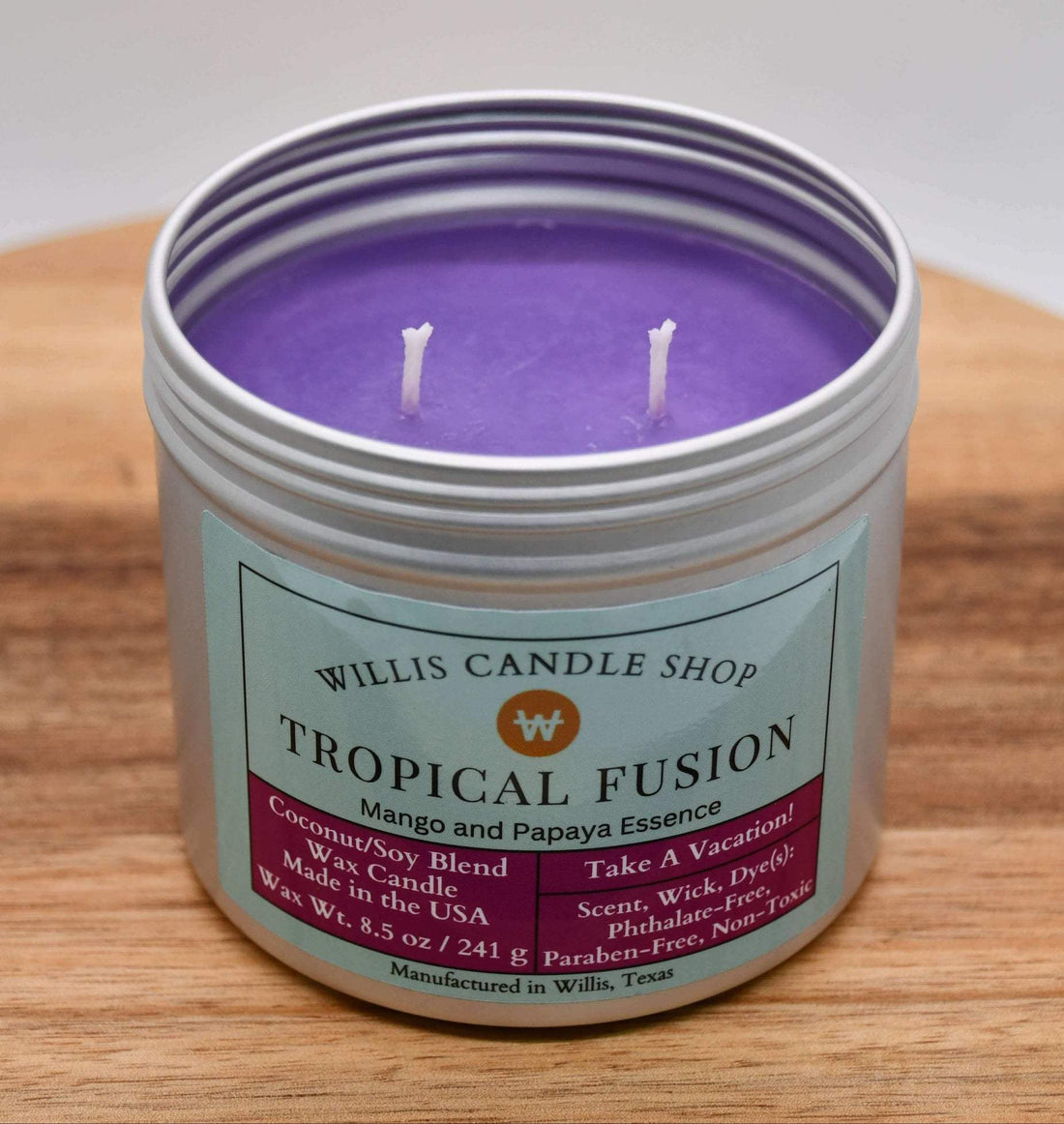 Silver tin candle with double wick candle option.