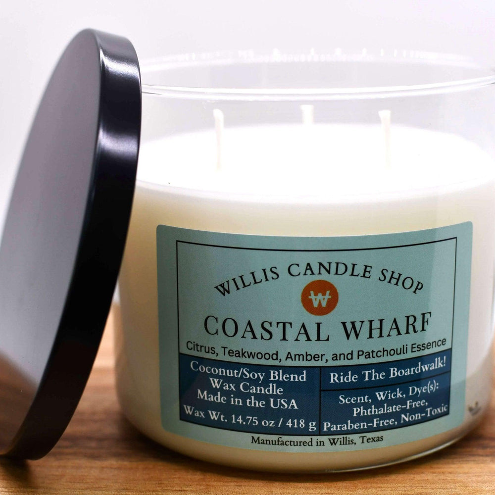 Coastal Wharf 3-wick candle with Ocean scented candle fragrance.