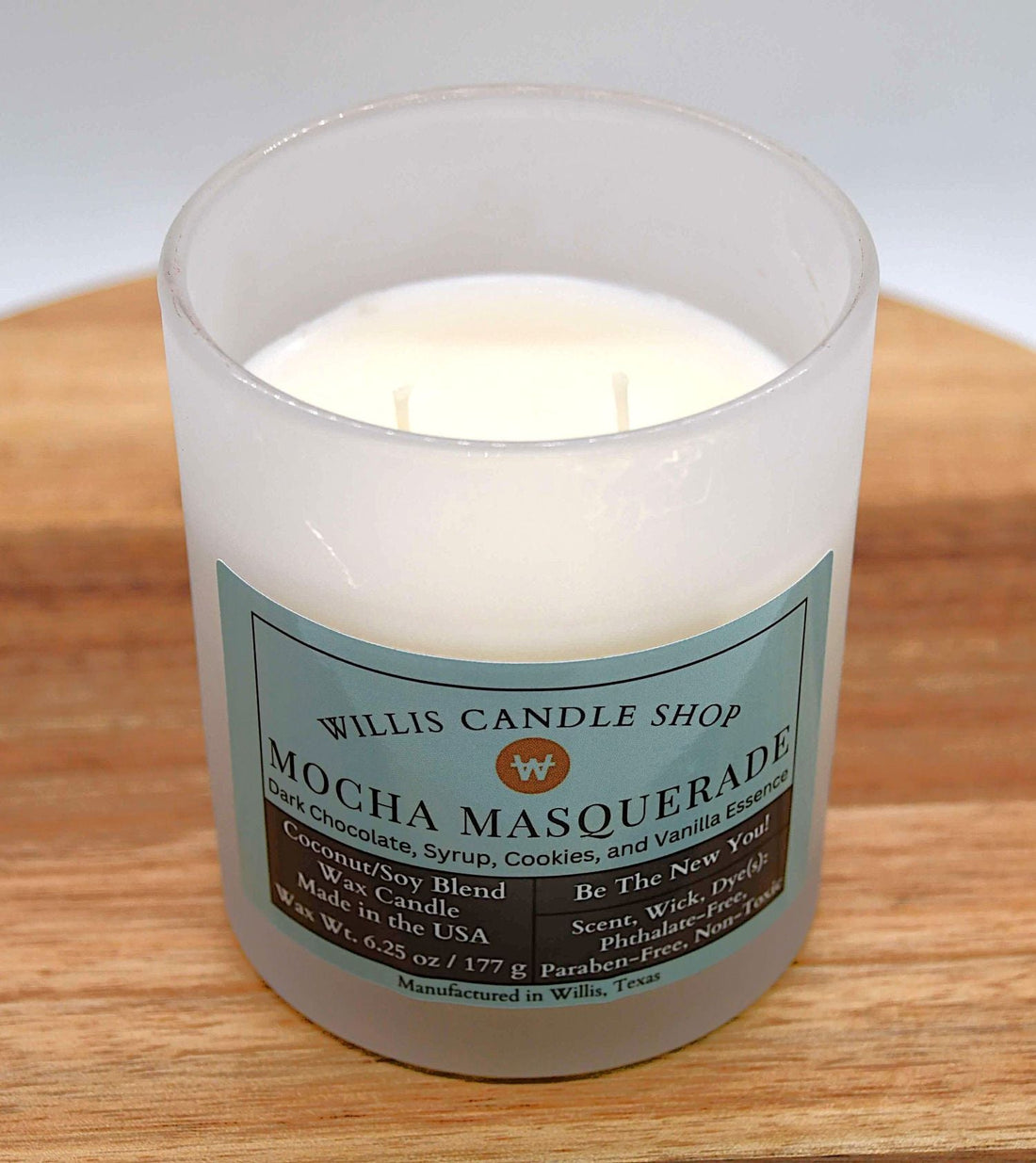 White frosted glass candle with double wick candle option in Willis, Texas.
