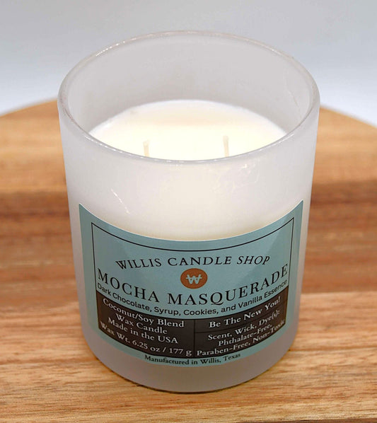 White frosted glass candle with double wick candle option and Mocha Masquerade scent.