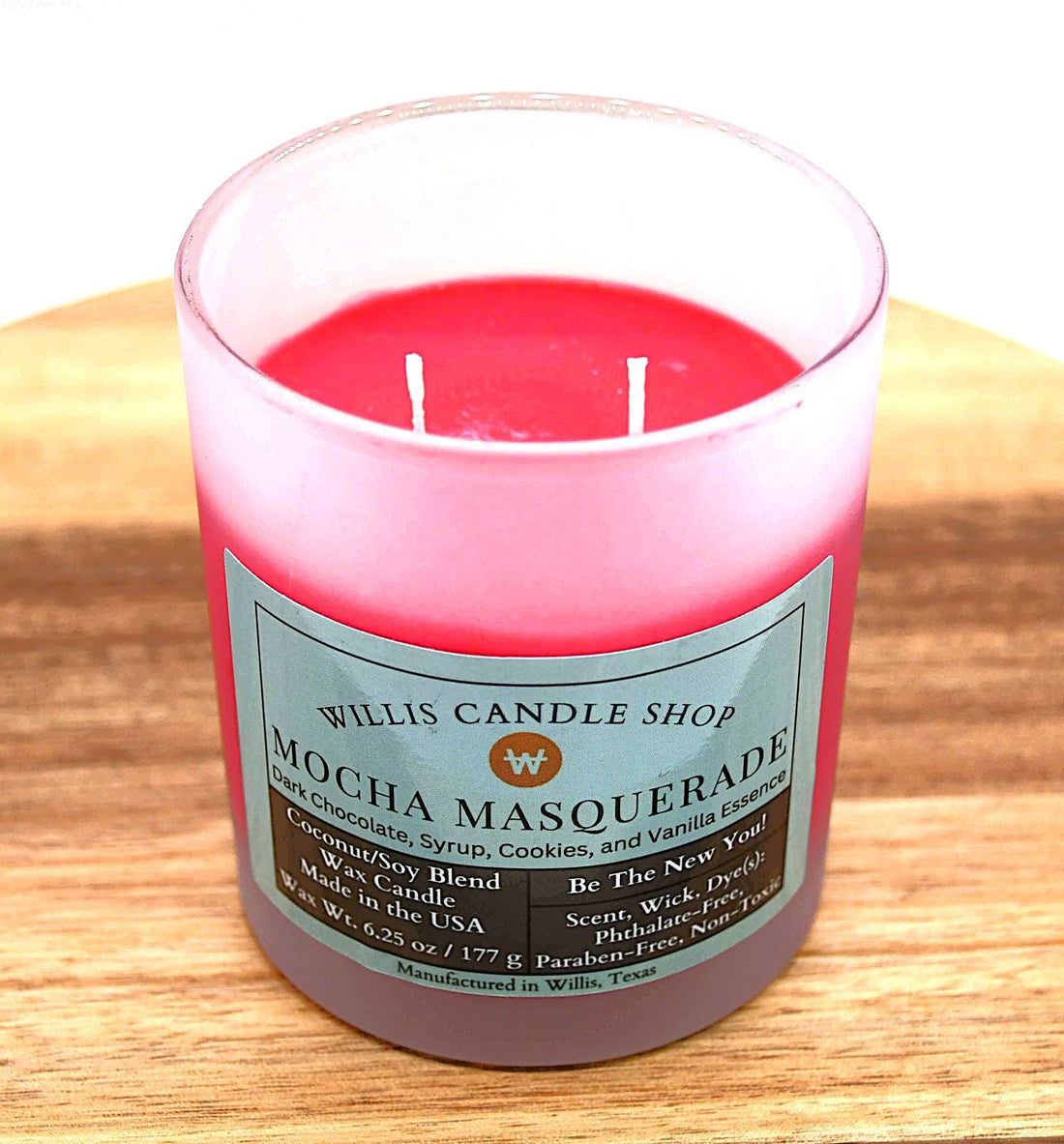 Double wick candle with red wax candle option and Mocha Masquerade scent.