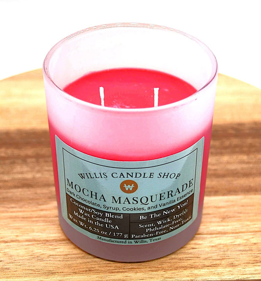 Double wick candle with red wax candle option and Mocha Masquerade scent.