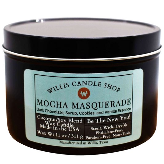 Mocha Masquerade scented candle in a shiny black tin candle vessel at the Wills Candle Shop.