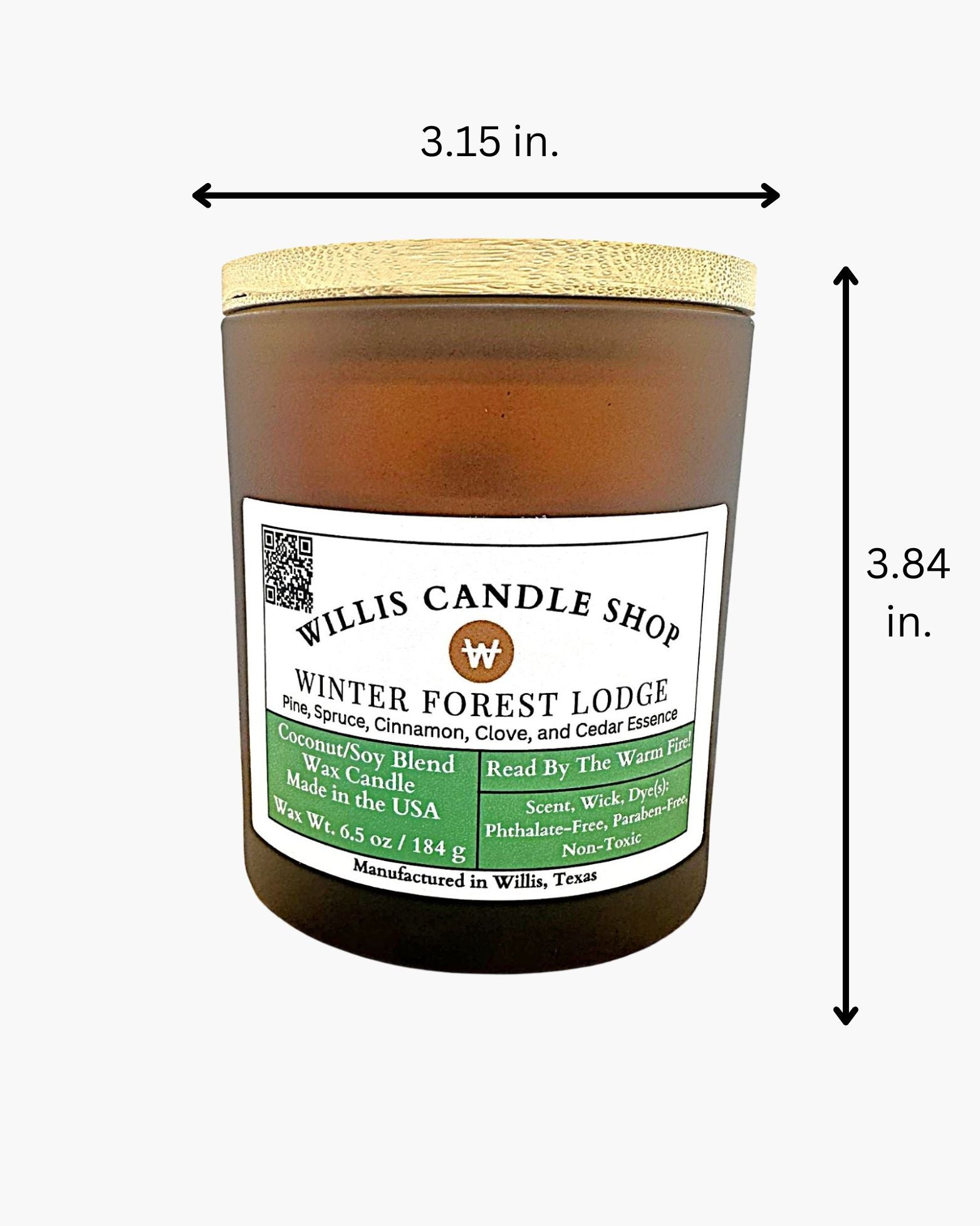 Amber frosted Glass candle with bamboo lid and measurements.