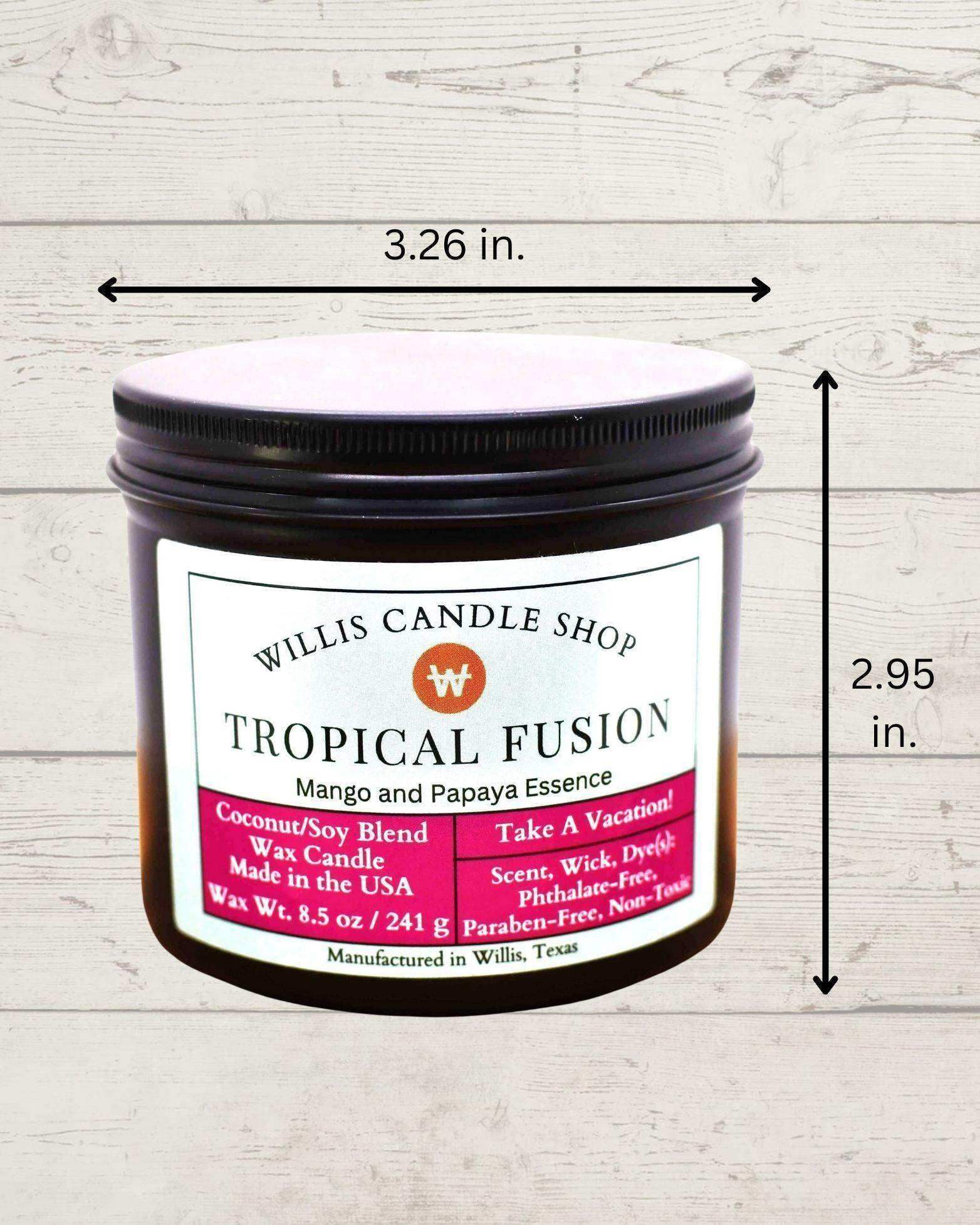 Scented candle option as a black tin candle at Willis Candle Shop with measurements.