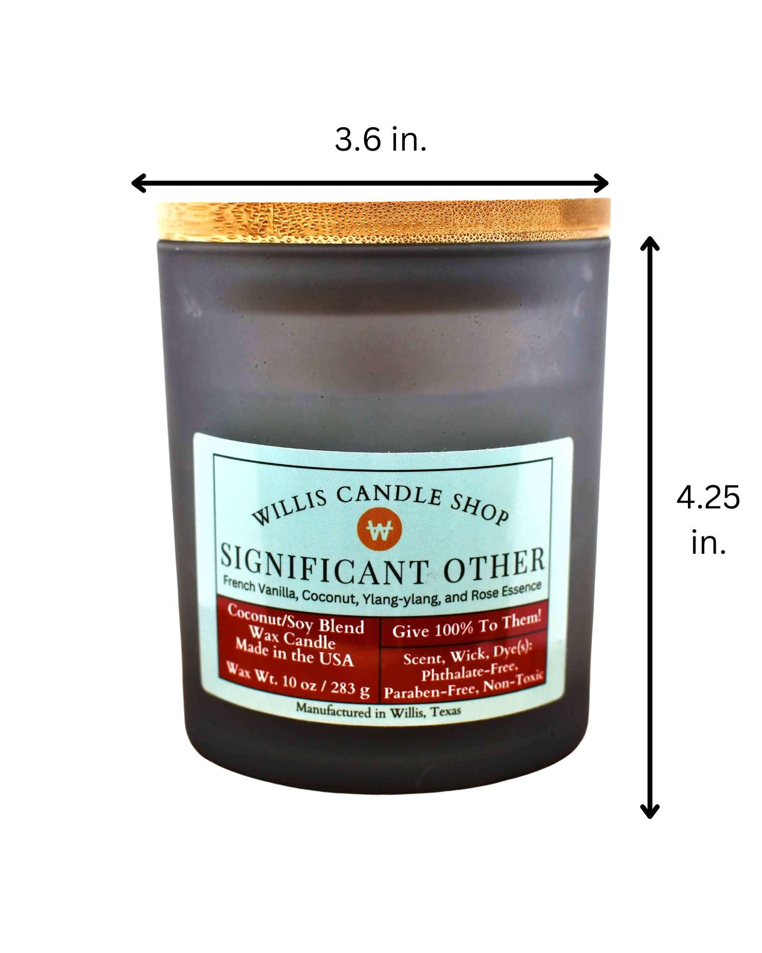 Black frosted glass candle with bamboo lid and measurements.