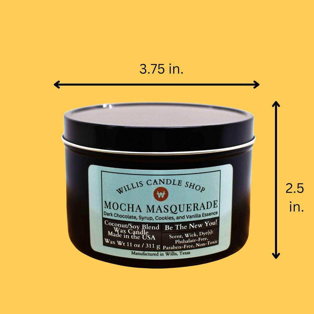 
                  
                    Coconut soy candle, 11 oz, black tin candle with slip-on lid and Mocha Masquerade, a luxury home fragrances candle.
                  
                