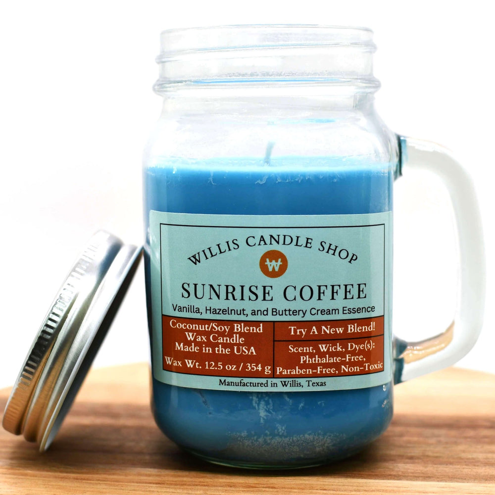 
                  
                    Blue coconut and soy 25/75 blended candle in a 16 ounce glass mug jar with Sunrise Coffee fragrance
                  
                