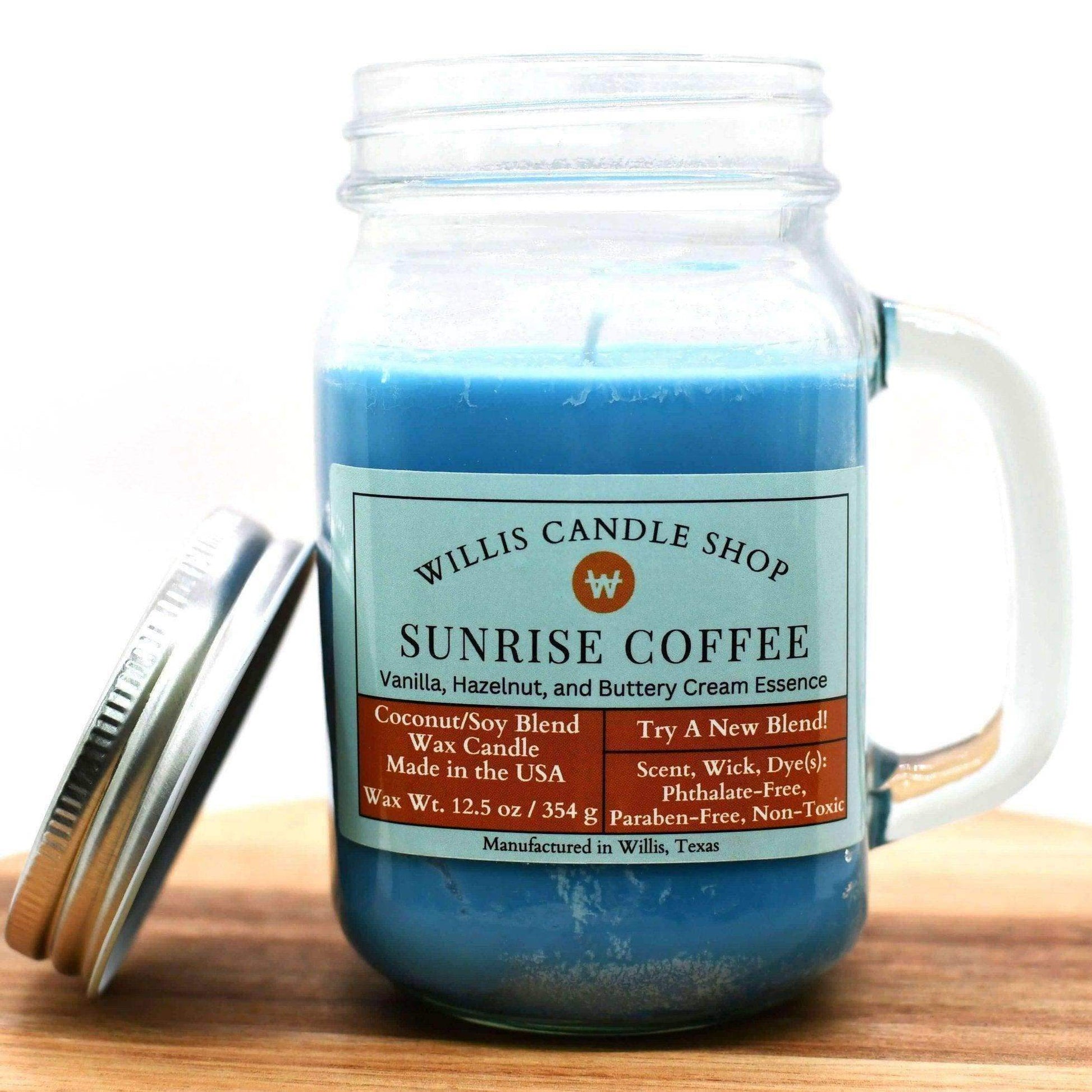 Sunrise Coffee candle in mug jar candle vessel as a scented candle at Willis Candle Shop.