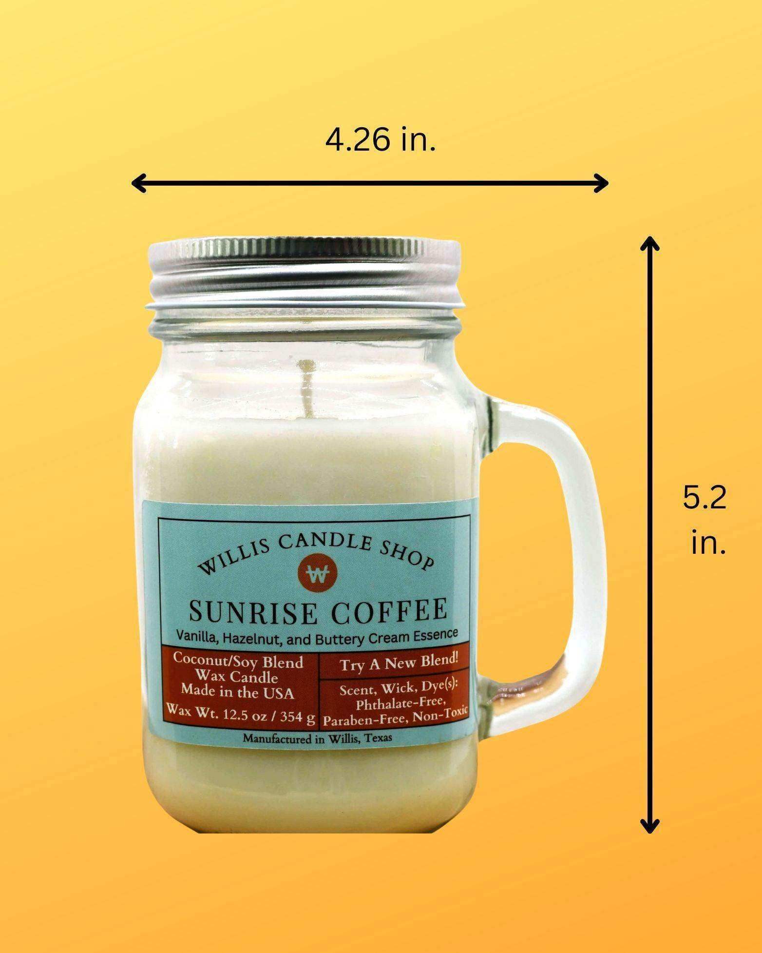 Coffee candle as a scented candle with measurements at Willis Candle Shop.