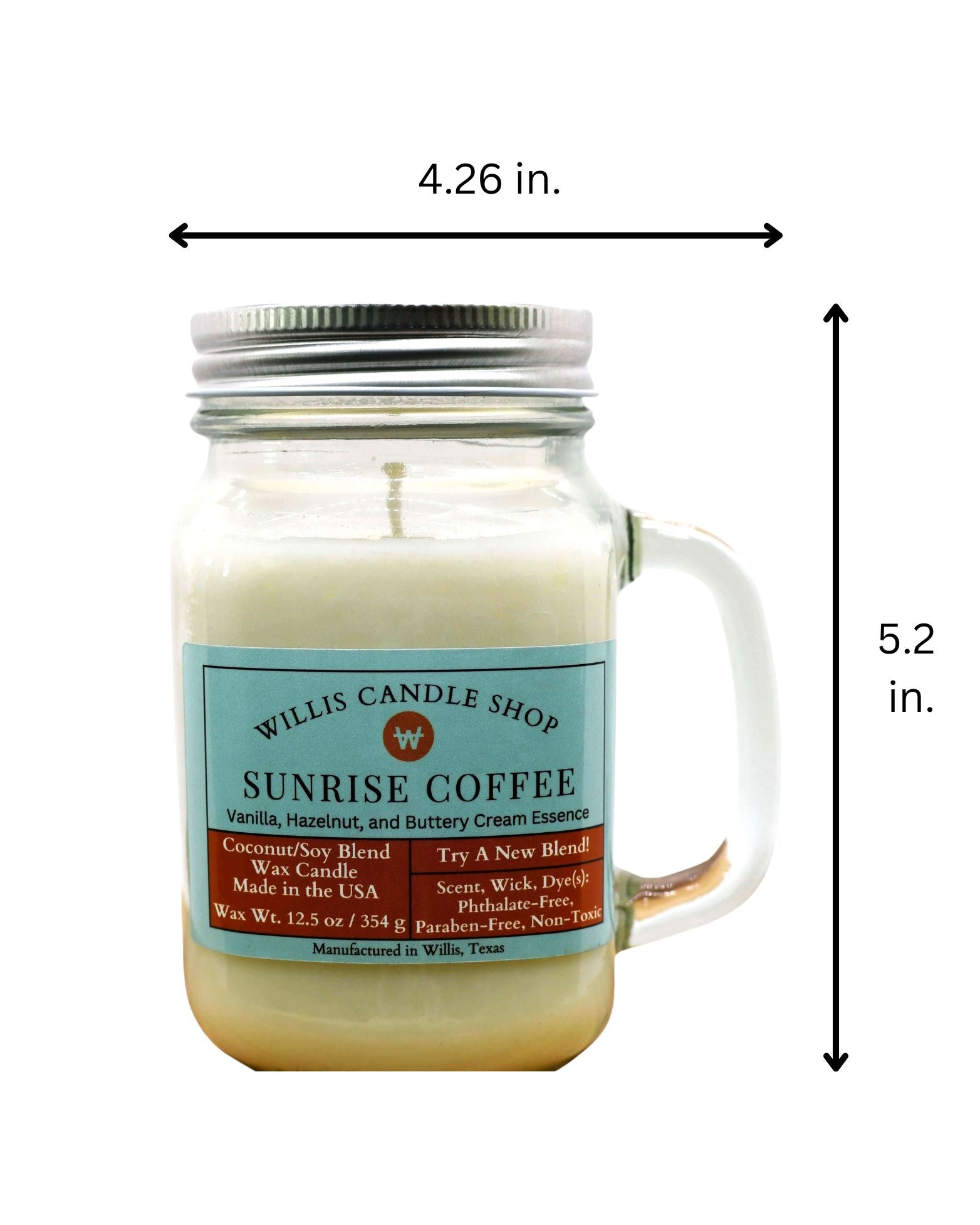 Mason jar candle with dimensions labeled on a white background.