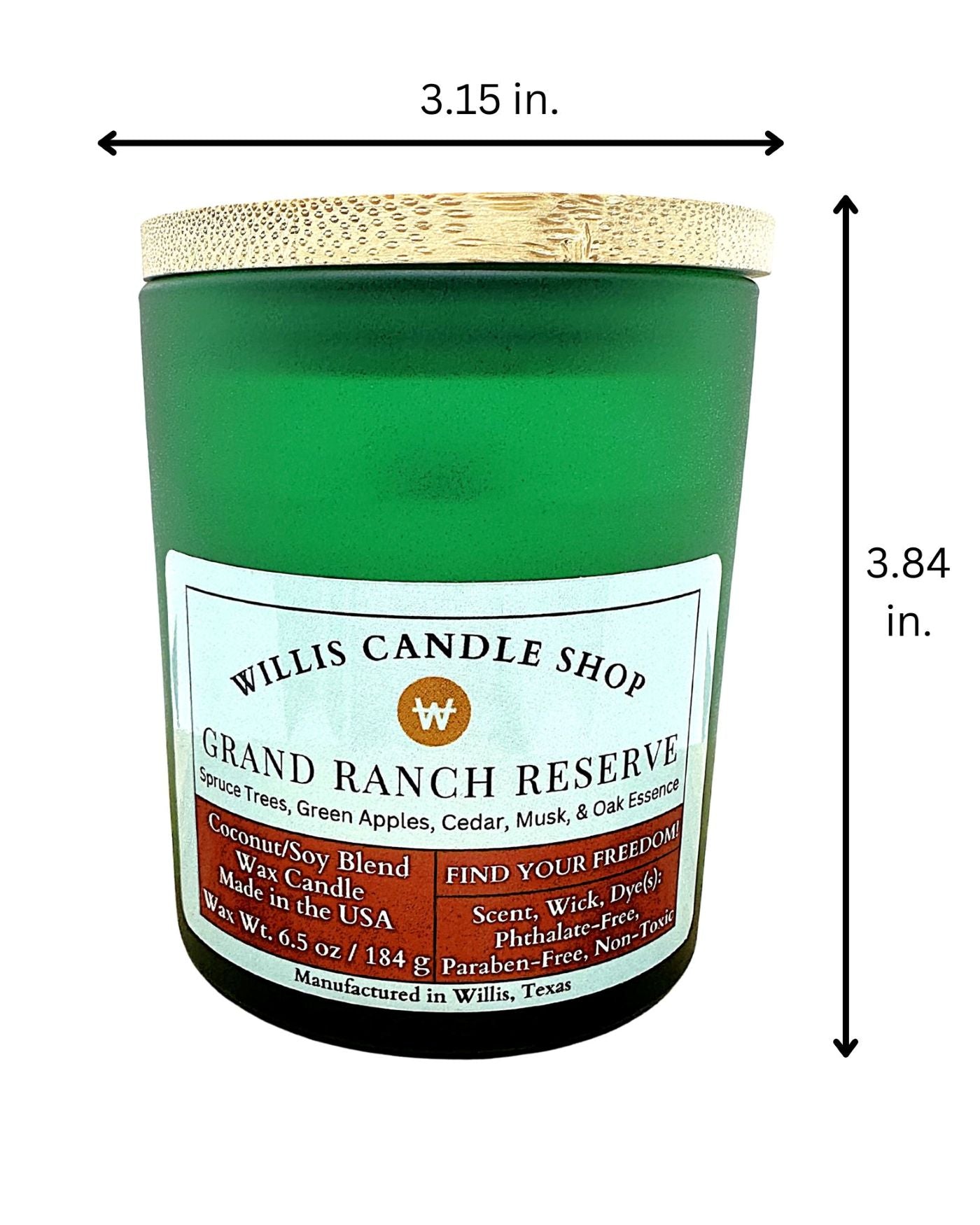 Green frosted glass candle with dimensional measurements.