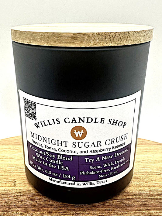 Midnight Sugar Crush scent in a black candle vessel with bamboo lid.