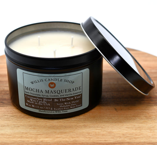 Mocha Masquerade scented candle in a 14 oz black tin with triple-cotton wick at the Willis Candle Shop.