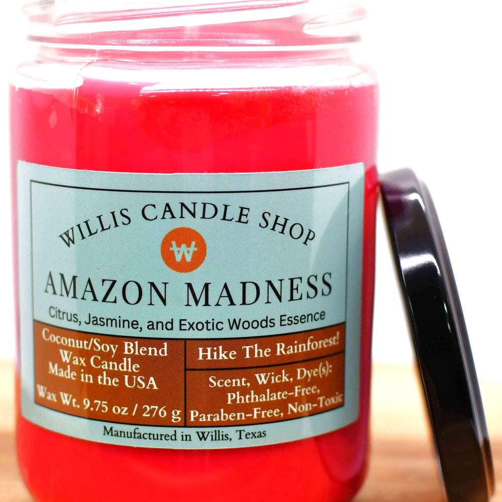 
                  
                    Red coconut and soy 25/75 blended candle in a 12 ounce glass jar with black lid and Amazon Madness scent.
                  
                