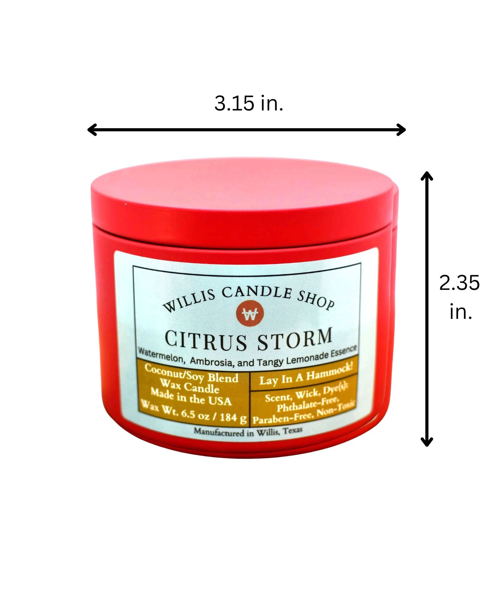 Red candle jar with label from Willis Candle Shop, dimensions shown.
