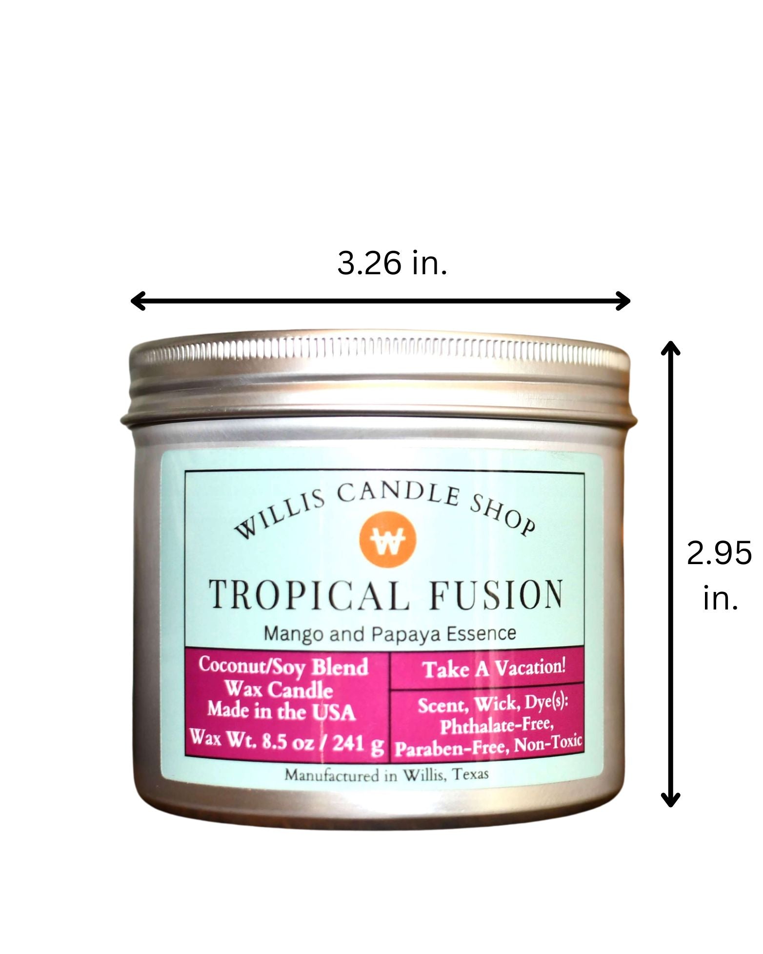 Tropical Fusion candle from Willis Candle Shop with dimensions on a white background.