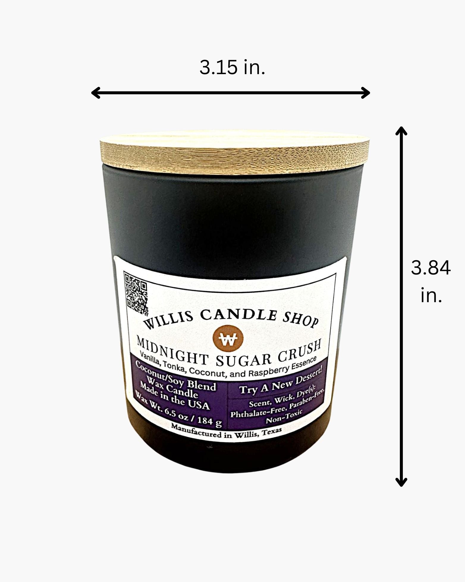 Black Glass candle with bamboo lid and measurements.