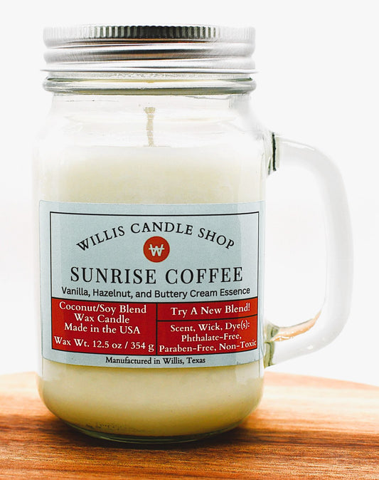 Coffee candle in glass mug jar candle option and silver screw-on lid.