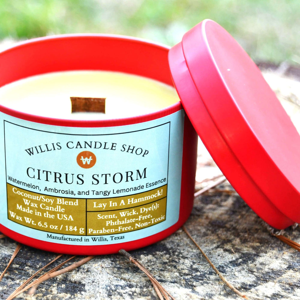 Yellow wooden wick coconut and soy 25/75 blended red tin candle with 6.5 ounces of wax and Citrus Storm Fragrance.