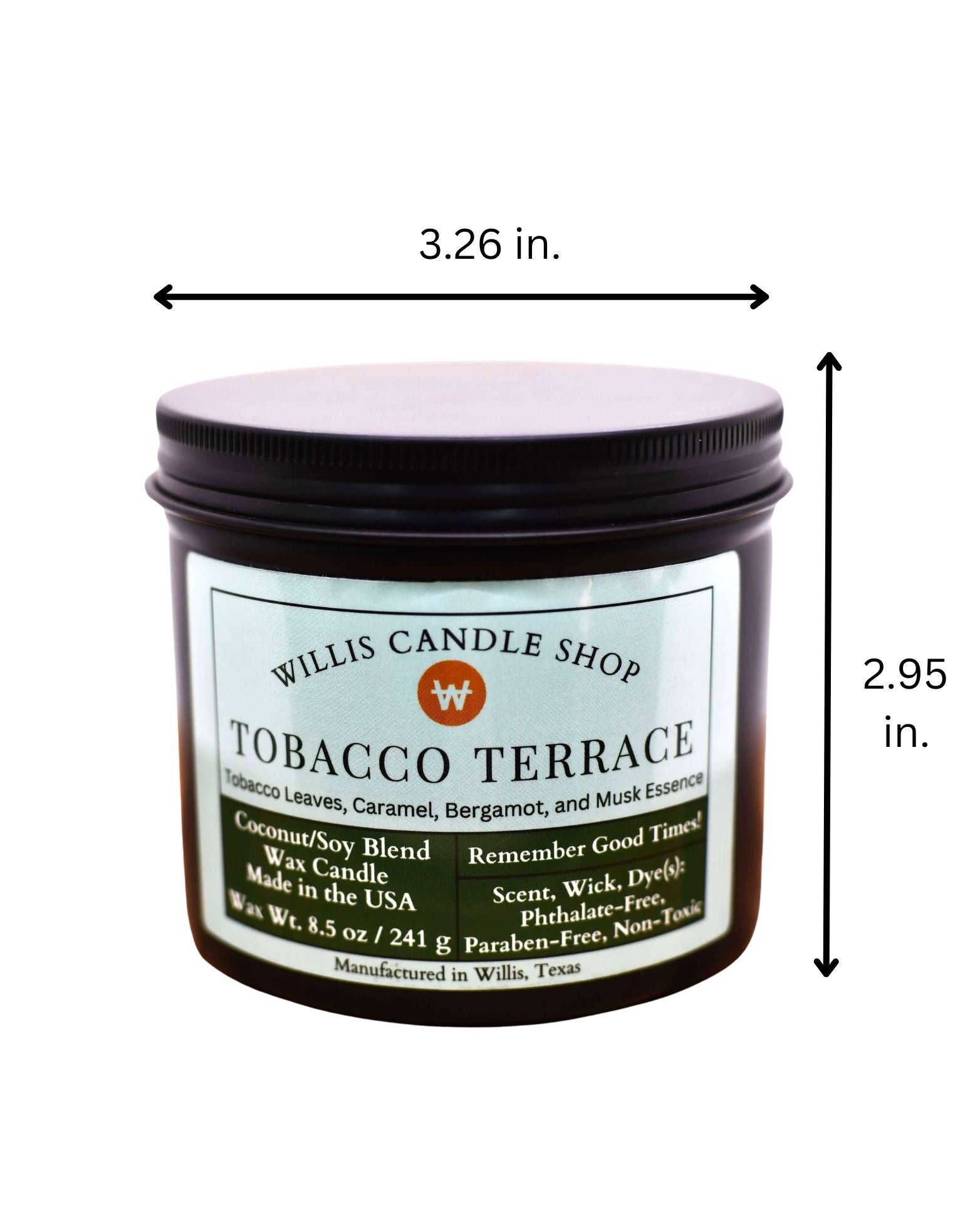 Candle jar with label showing dimensions and product details on a white background.