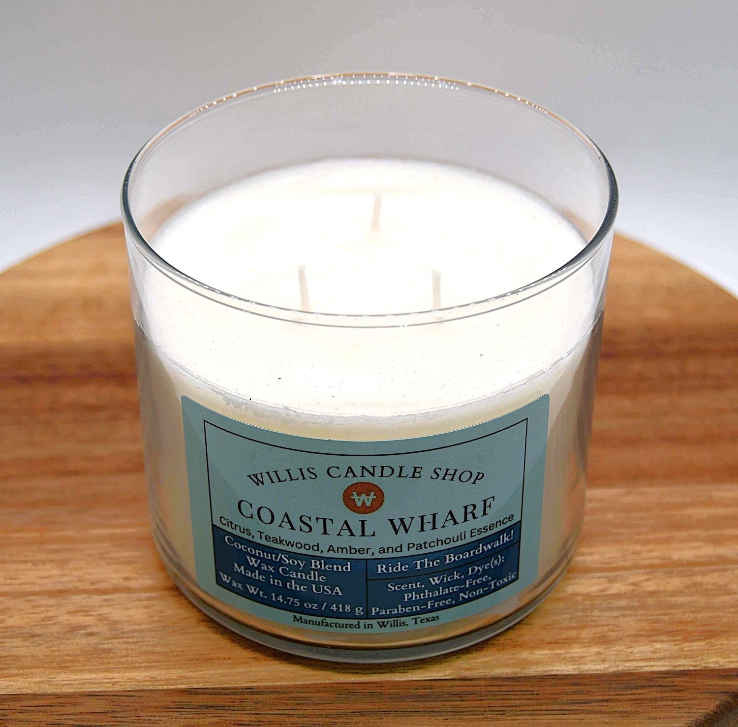 3 wick candle in scented candle option Coastal Wharf fragrant candle at Willis Candle Shop.