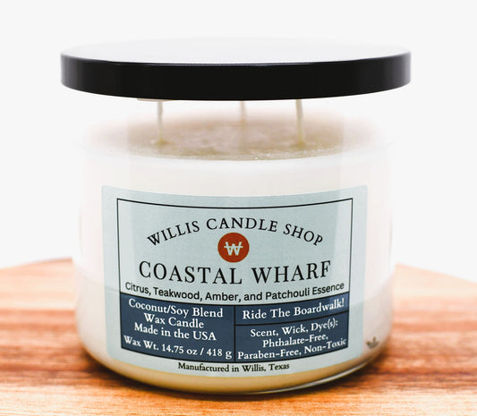 3 wick candle with Coastal Wharf fragrance and black lid.