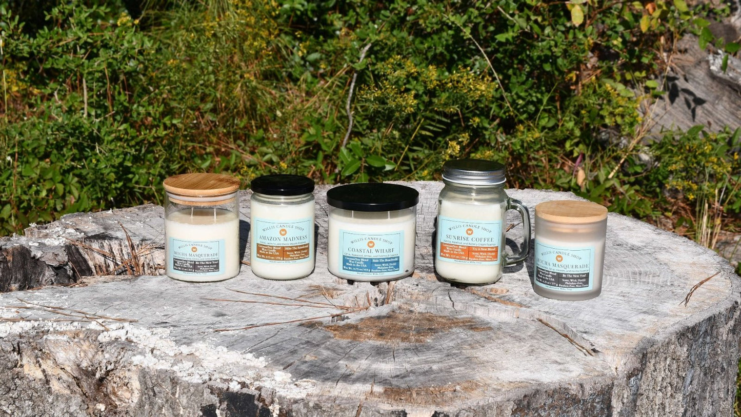 Coconut and soy wax candles in various sizes and containers at the Willis Candle Shop