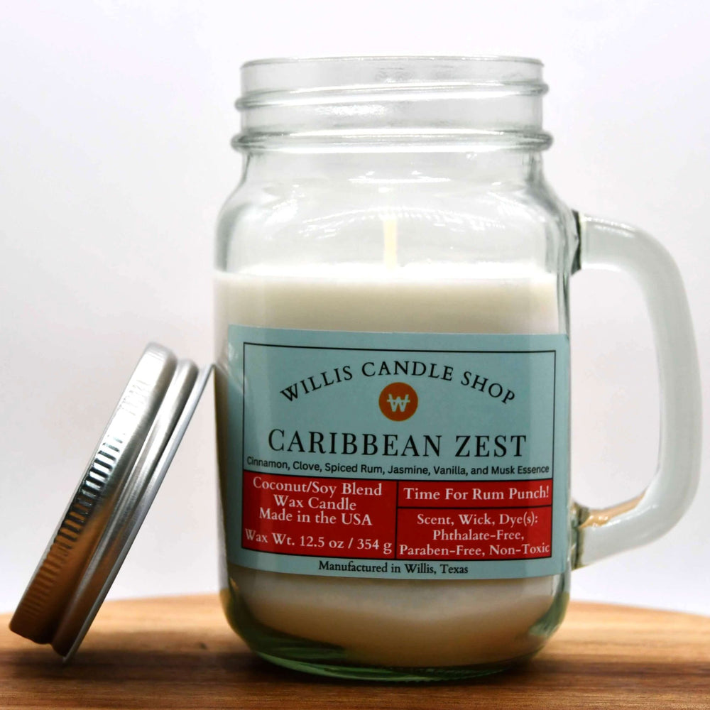 White coconut and soy 25/75 blended candle with spiced rum, jasmine, and vanilla Caribbean Zest fragrance.