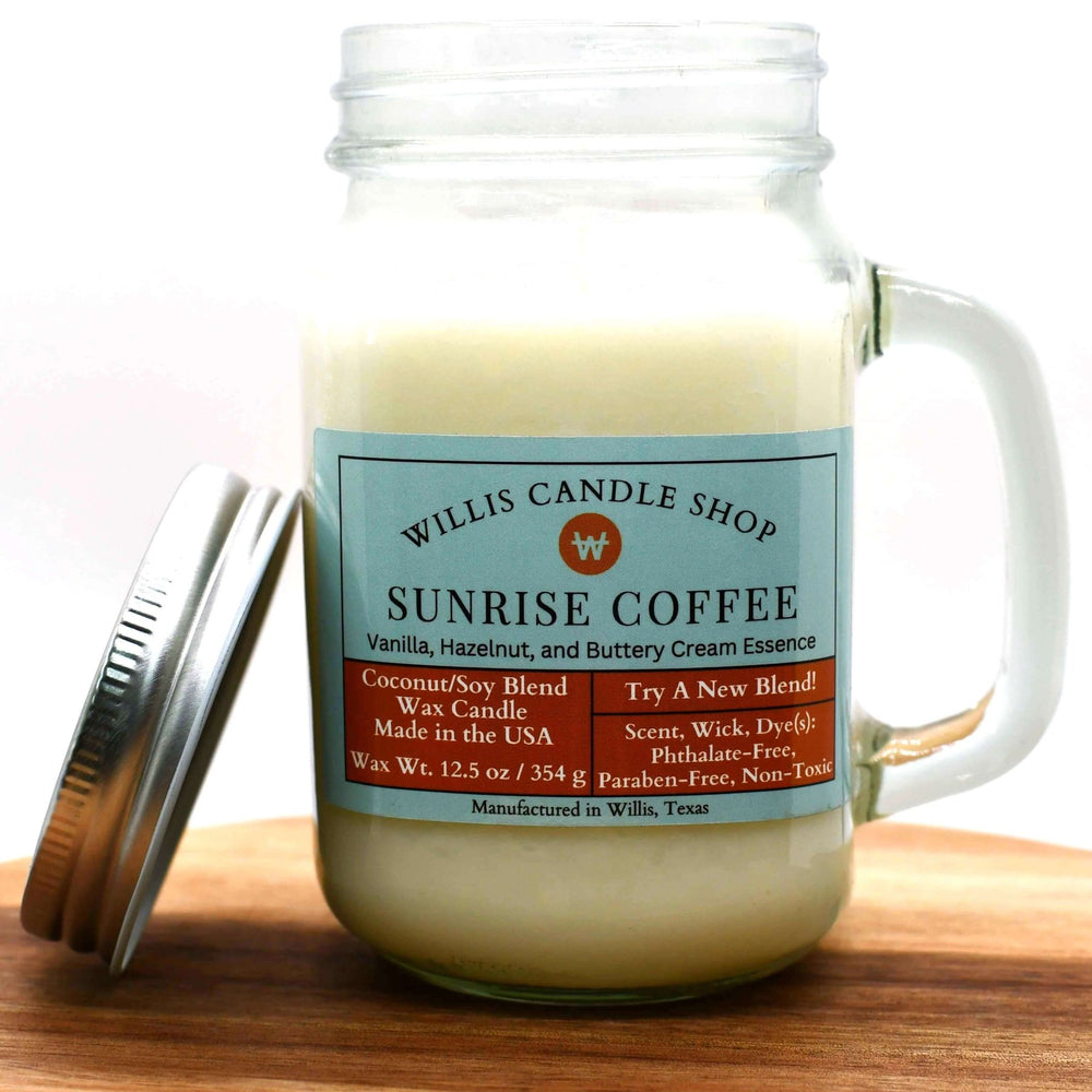 White coconut and soy 25/75 blended candle in a glass mug with vanilla and hazelnut Sunrise Coffee fragrance.