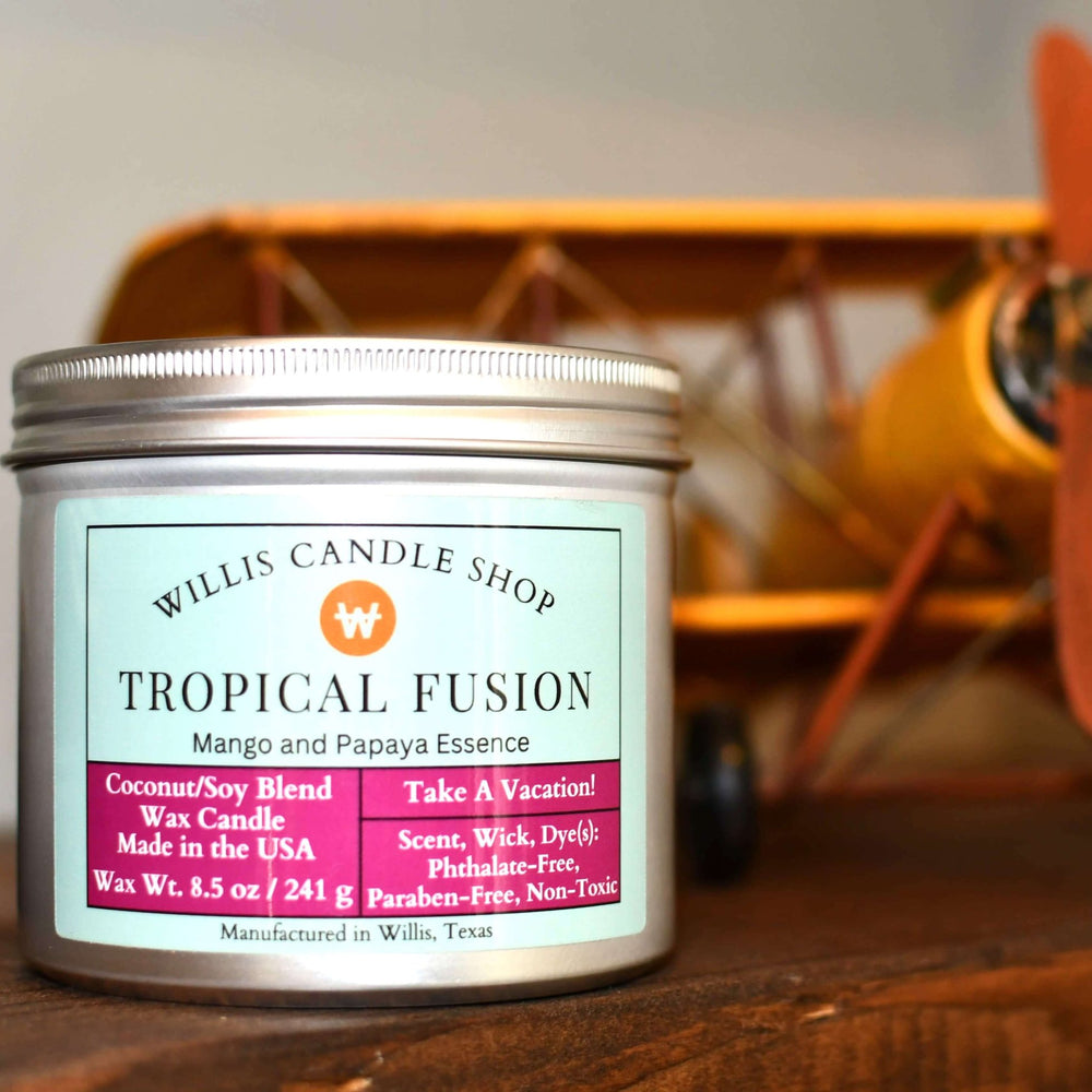 
                  
                    Coconut and soy 25/75 blended candle with 8.5 ounces of wax in a 10 ounce silver tin container and Tropical Fusion.
                  
                