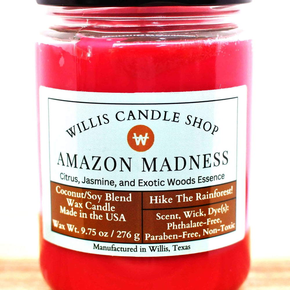 
                  
                    Red coconut and soy 25/75 blended candle with Amazon Madness Fragrance in a 12 ounce jar.
                  
                