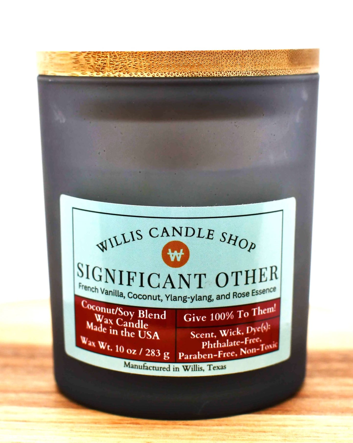 White coconut and soy 25/75 blended candle in a 14.5 ounce black-frosted container with Significant Other Fragrance.