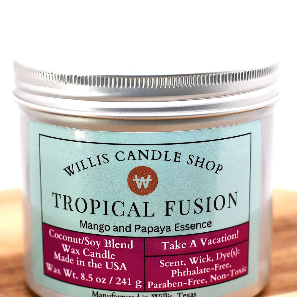 White coconut and soy 25/75 blended candle with 8.5 ounces of wax in a silver tin container with mango and papaya essence.