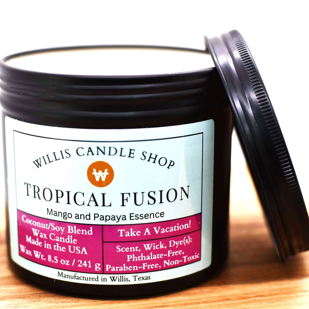 White coconut and soy 25/75 blended candle with 8.5 ounces of wax and Tropical Fusion fragrance.