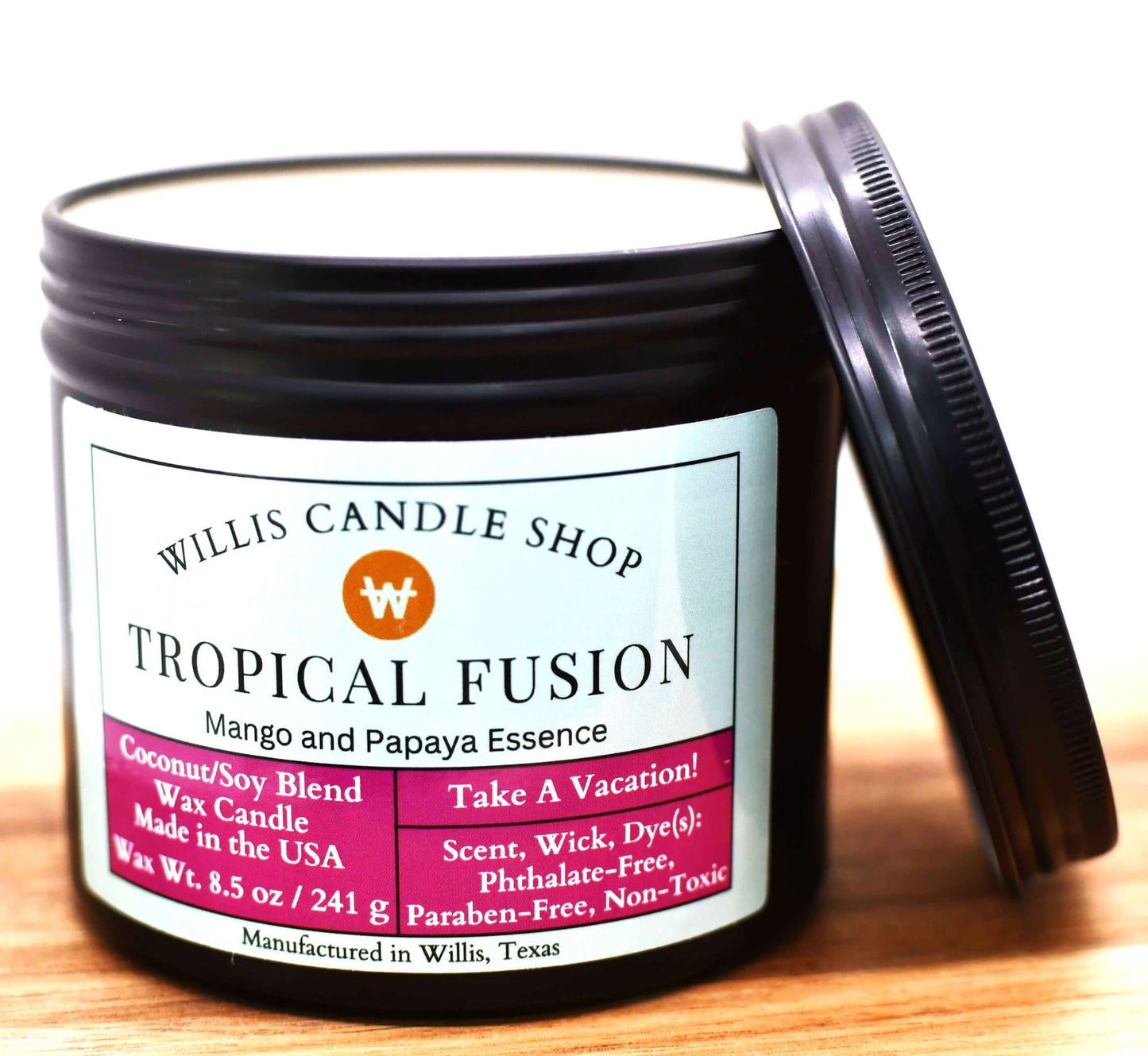 White coconut and soy 25/75 blended candle with 8.5 ounces of wax and Tropical Fusion fragrance.