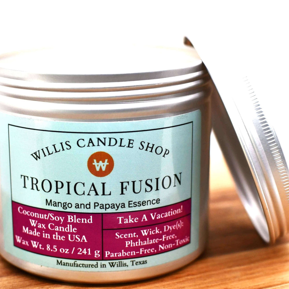 White coconut and soy 25/75 blended candle in a 10 ounce silver tin with 8.5 ounces of wax and Tropical Fusion fragrance.