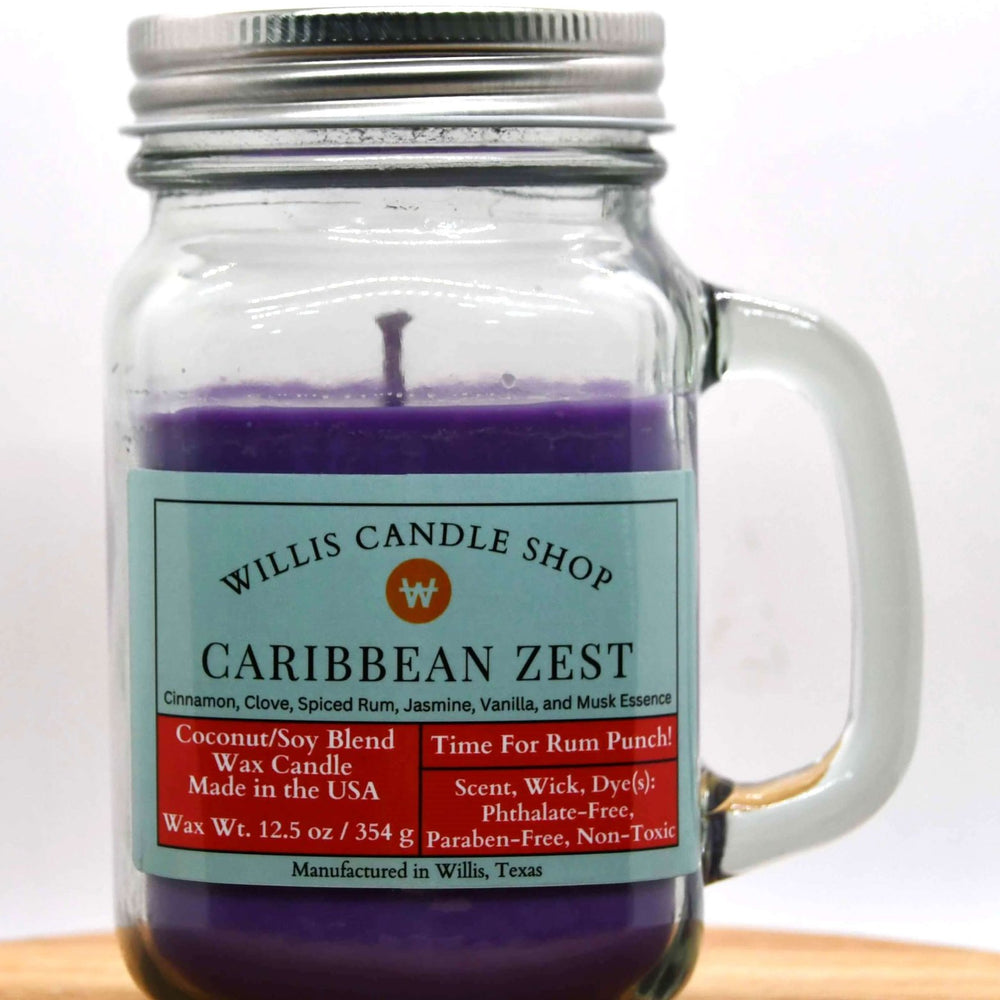 
                  
                    Violet coconut and soy 25/75 blended candle with Caribbean Zest fragrance in a 16 ounce glass mug jar.
                  
                