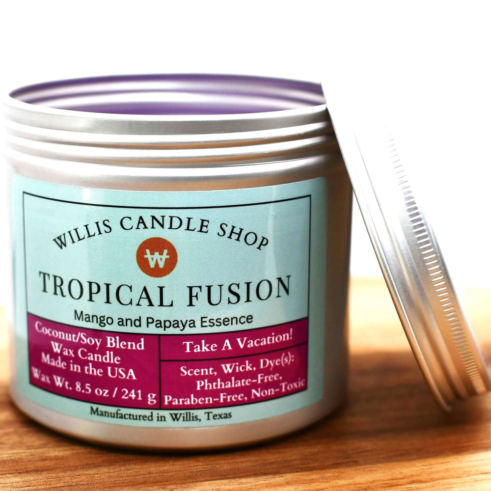 
                  
                    Violet coconut and soy 25/75 blended candle in a 10 ounce silver tin with mango and papaya essence.
                  
                