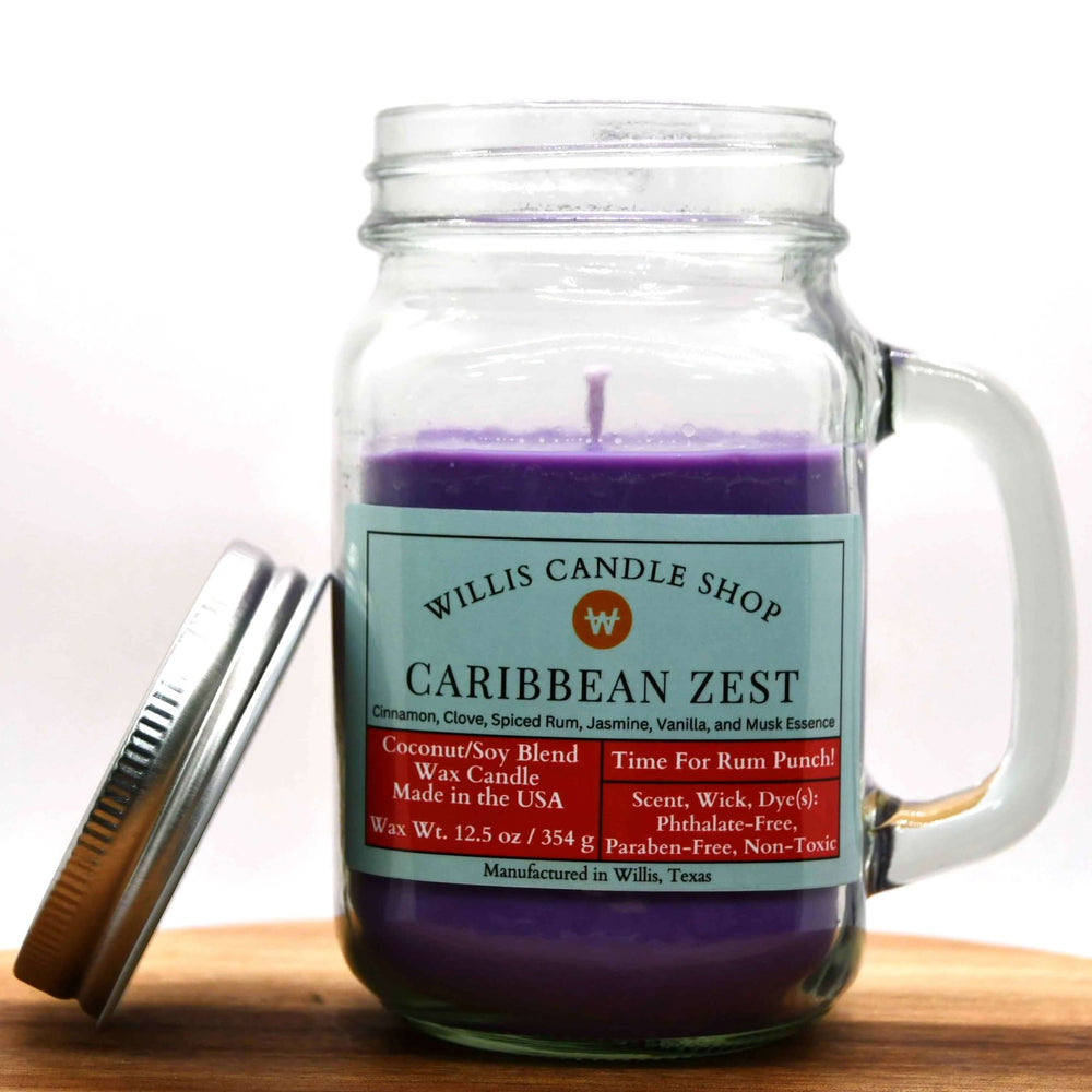 
                  
                    Violet coconut and soy 25/75 blended candle with spiced rum, jasmine, vanilla, and musk essence Caribbean Zest fragrance.
                  
                