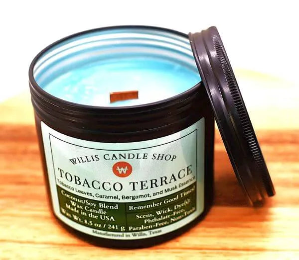 Tobacco candle in black tin candle container as scented candle option at Willis Candle Shop.
